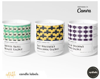 3 etichette personalizzate per candele di HALLOWEEN > SET di etichette spettrali modificabili. Modello personalizzabile Canva > Etichetta candela colorata, Etichetta prodotto personalizzata