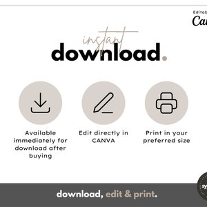 May include: A graphic with the text "instant download."  Three icons represent the steps to download, edit, and print a digital product. The icons are a download arrow, a pencil, and a printer. The text below the icons describes each step. The text at the bottom of the graphic says "download, edit & print."