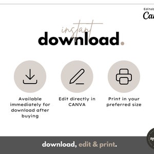 Pu&ograve; includere: Una grafica con il testo "download immediato". Tre icone rappresentano i passaggi per scaricare, modificare e stampare un prodotto digitale. Le icone sono una freccia di download, una matita e una stampante. Il testo "scarica, modifica e stampa." &egrave; nella parte inferiore della grafica.