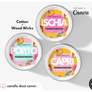 12 SUMMER Staubschutzhüllen > Baumwolle + Holzdocht > Druckbare Vorlage Canva > Bearbeitbare benutzerdefinierte Kerzenabdeckung FARBE, Kerzendeckel, Topper