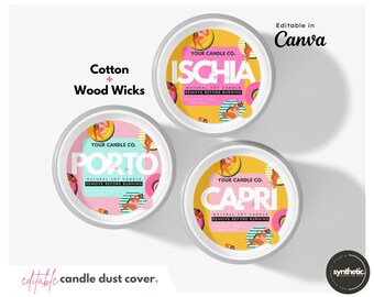 12 Custom SUMMER Candle Dust Covers > Cotton + Wood Wick > Printable Template Canva > Editable Custom Candle Cover COLOR, Candle Lid, Topper