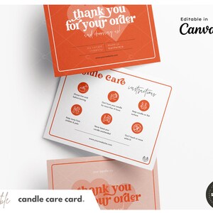 Puede incluir: Una tarjeta de cuidado de velas rosa y naranja con el texto "Gracias por tu pedido" e instrucciones para el cuidado de las velas. La tarjeta es editable en Canva.