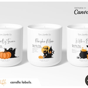 3 étiquettes personnalisées pour bougies d'HALLOWEEN > Étiquette carrée citrouille effrayante > Modèle imprimable sur toile > Étiquette bougie minimale, étiquette de produit personnalisée