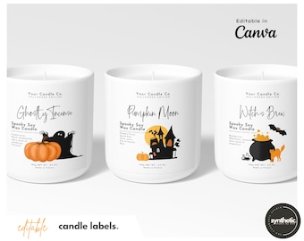 May include: Three white Halloween-themed soy wax candles with black and orange graphics. The labels read "Ghostly Incense," "Pumpkin Moon," and "Witch's Brew." Each candle is 4.3 oz.