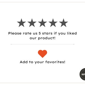May include: Five black stars with a red heart below them. The text "Please rate us 5 stars if you liked our product!" is above the stars. The text "Add to your favorites!" is below the heart. The text "synthetic" is in a circle at the bottom right corner of the image.