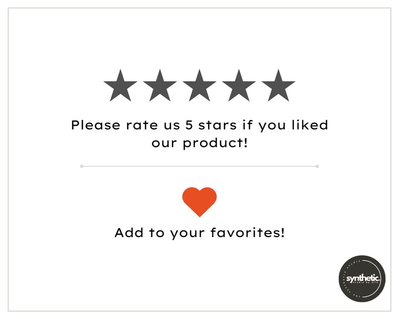 May include: Five black stars with a red heart below them. The text "Please rate us 5 stars if you liked our product!" is above the stars. The text "Add to your favorites!" is below the heart. The text "synthetic" is in a circle at the bottom right corner of the image.