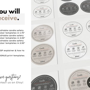 Editable candle safety label sticker template  with safety candle instructions. Safety candle label with candle warning. Candle warning sticker & candle sticker warning label for your small business. Personalized warning sticker template. Round label