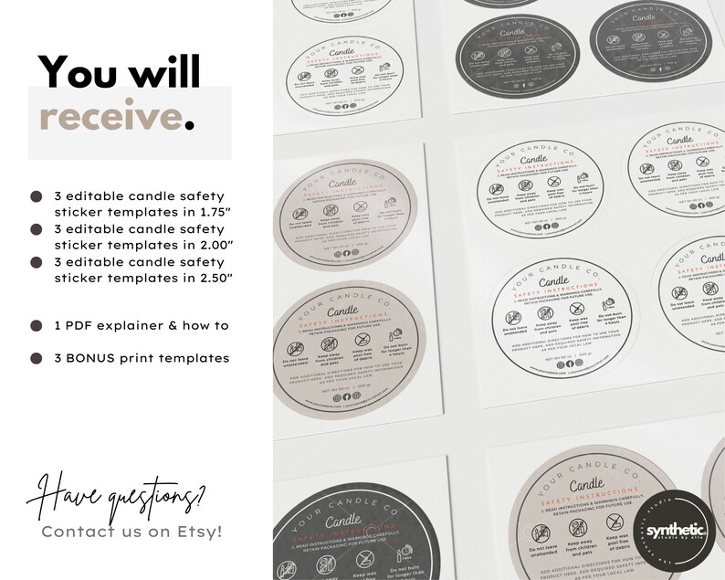 Editable candle safety label sticker template  with safety candle instructions. Safety candle label with candle warning. Candle warning sticker & candle sticker warning label for your small business. Personalized warning sticker template. Round label