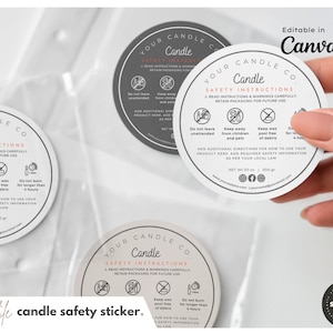 Plantilla de etiqueta de advertencia de velas editable > Etiqueta de seguridad de velas > Etiqueta de producto > Instrucciones de etiqueta de vela personalizada > Etiqueta de vela redonda Canva
