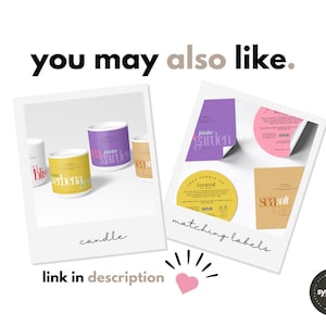 Pu&ograve; includere: Quattro candele con etichette di vari colori, tra cui giallo, rosa, viola e marrone. Le etichette hanno testo che dice "bliss", "verbena", "jasmine garden" e "seasalt". Le candele sono disposte in fila su una superficie bianca. L'immagine mostra anche un set di etichette abbinate con testo che dice "Your Candle Co", "Scented" e "000".