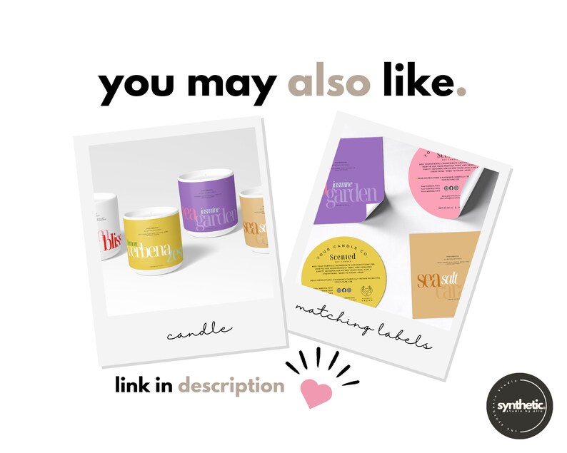 Pu&ograve; includere: Quattro candele con etichette di vari colori, tra cui giallo, rosa, viola e marrone. Le etichette hanno testo che dice "bliss", "verbena", "jasmine garden" e "seasalt". Le candele sono disposte in fila su una superficie bianca. L'immagine mostra anche un set di etichette abbinate con testo che dice "Your Candle Co", "Scented" e "000".