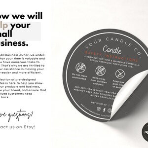 Editable candle safety label sticker template  with safety candle instructions. Safety candle label with candle warning. Candle warning sticker & candle sticker warning label for your small business. Personalized warning sticker template. Round label