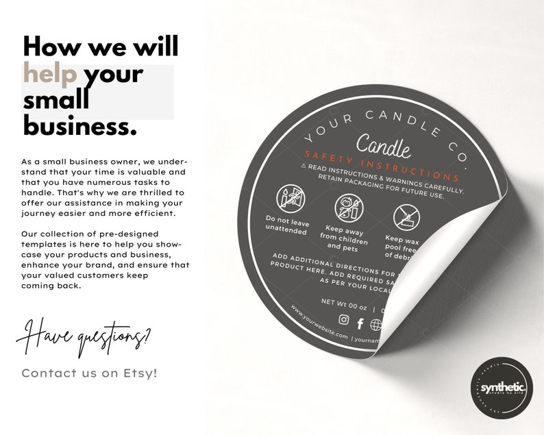 Editable candle safety label sticker template  with safety candle instructions. Safety candle label with candle warning. Candle warning sticker & candle sticker warning label for your small business. Personalized warning sticker template. Round label