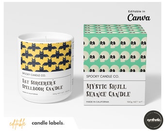 3 etichette stampabili per candele HALLOWEEN > SET di etichette spettrali modificabili > Modello personalizzato Canva > Etichetta per candele colorate, Etichetta di prodotto personalizzata