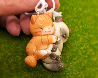 Handmade Magnetic Cat Keychain Pair: Polymer Clay Couple Charms