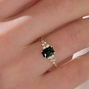 Emerald Cut Green Engagement Ring: 14K Gold Birthstone Moissanite Wedding Band