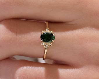 14K Gold Oval Emerald Engagement Ring with Thin Moissanite, 10K Gold Birthstone Wedding Ring with Tiny Diamond, 18K Gold Green Gemstone Ring