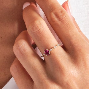 Ruby Engagement Ring 18K Solid Gold Side Diamond: Art Deco Oval Birthstone Rings Vintage Style Red Gemstone Wedding Ring