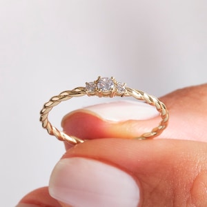 14K Gold Twisted Rope Stackable Ring with Diamond, Braided Wedding Band Three Round Diamond Ring Women, Three Stone Ring Dainty Diamond Ring