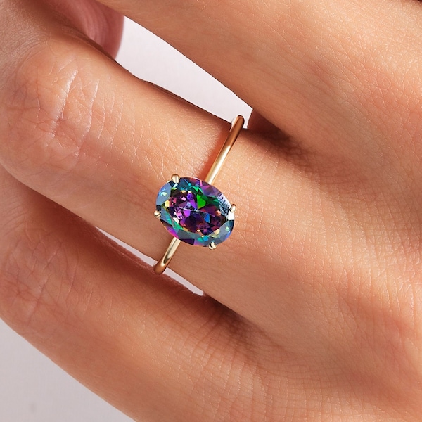 Oval Mystic Topaz Ring 14K Solid Gold Cocktail Mystical Rainbow Gemstone Multi Color Birthstone Ring