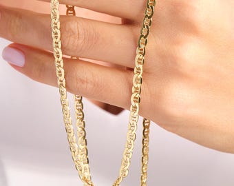 14K Solid Gold Anchor Chain Necklace,  Flat Mariner Chains Necklaces for Pendant or Charm