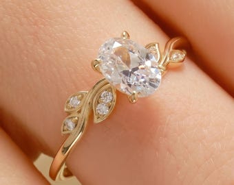14K Gold Oval Diamond Ring Floral Wedding Band, Moissanite Rings Flower Inspired Bands