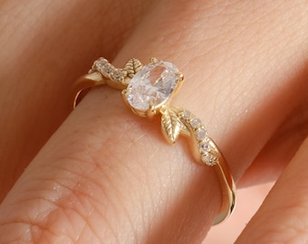 14K Gold Oval Diamond Ring Flower Wedding Band, 6 x 4 mm Moissanite Engagement Ring with Floral Bands