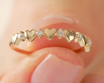 14K Gold Heart and Diamond Ring, Six Heart-Shape with Five Tiny Moissanite Band