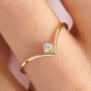 Wishbone Chevron V Ring – Solid Gold Round Solitaire, Stacking Guard Band, Engagement/Wedding Enhancer, Dainty Stackable Jewelry