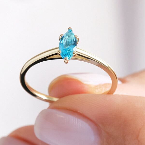 Marquise Cut Aquamarine Birthstone Ring Gold, Dainty Birthmonth Ring Girl, 10K 14K 18K Gold Custom Gemstone Ring, Blue Person Gifted Ring