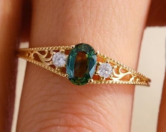 Natural Green Sapphire Ring Side Diamond with 14K Solid Gold Art Deco Wedding Band Oval Genuine Birthstone Vintage Style Engagement Ring