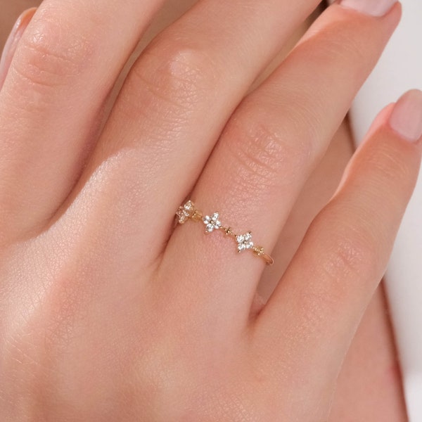 Moissanite Engagement Rings Women, Half Eternity Dainty Diamond Band, 14K Solid Gold Ring, 10K Minimalist Clover Wedding Ring, Promise Ring