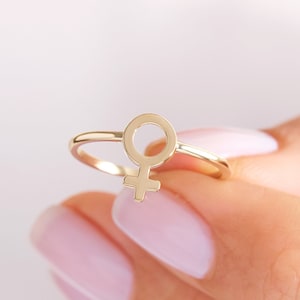Female Symbol Ring Her, 10K 14K 18K Gold Women Power Ring,cLovely Feminism Sign Stack Ring Bestie, Venus Band Soulmate, Dainty Feminist Ring