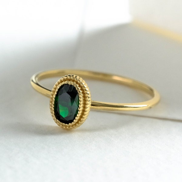 Gold Emerald Engagement Ring, Green Birthstone Halo Wedding Band, Best Proposal Ring Gift, 14K Solid Gold with Gemstone
