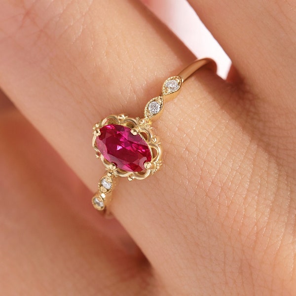 Ruby Engagement Ring 14K Solid Gold Art Deco Ring, Oval Ruby Birthstone Side Diamond Band, Vintage Style Red Gemstone Ring