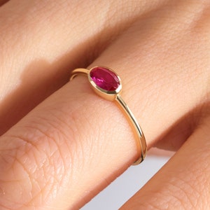 Oval Ruby Ring, 14K Gold Birthstone Red Gemstone Rings