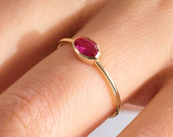 14K Gold Oval Ruby Ring, Birthstone Red Gemstone Rings