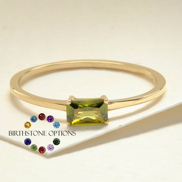 14K Gold Emerald Cut Peridot Ring, 10K Birthstone Jewelry Gifted Bestie, 18K Green Baguette Gemstone Band Girl, Custom Keepsake Giftful Bff