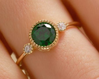 14K Solid Gold Emerald Ring with Side Diamond, Dainty Birthstone Ring and Tiny Moissanite, Green Gemstone Vintage Inspire Rings for Women