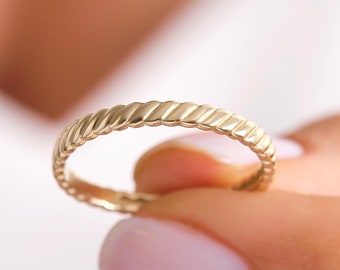 Braided Wedding Band 14K Solid Gold Full Eternity Twisted Rope Ring, Bold 2 mm Engagement Ring Women, Matching Thick Stacking Ring Bride