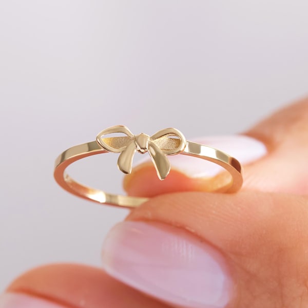 Ribbon Bow 14K Solid Gold Ring Women, Dainty Bowtie Stackable Ring Pretty Little Bowknot Ring Ring, Bow Tie Friendship Bestfriend Ring Gift