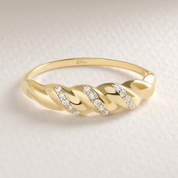 Croissant Dome Cluster Diamond Statement Ring, 14K Solid Gold Ribbed Signet Ring Moissanite Twisted Rope Wedding Band