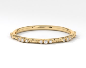 Thin 14K Gold Diamond Wedding Ring, Tiny Moissanite Milgrain Band, Micro Pave Diamond Engagement Ring for Women