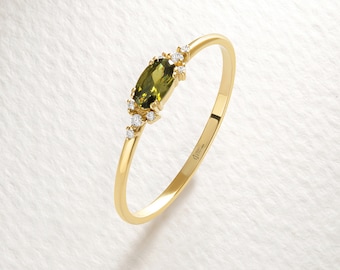 14K Gold Peridot Diamond Ring, Dainty Oval Birthstone Stacking Ring, Personal Custom Birthmonth Band Mom, Handcraft Gemstone Moissanite Ring