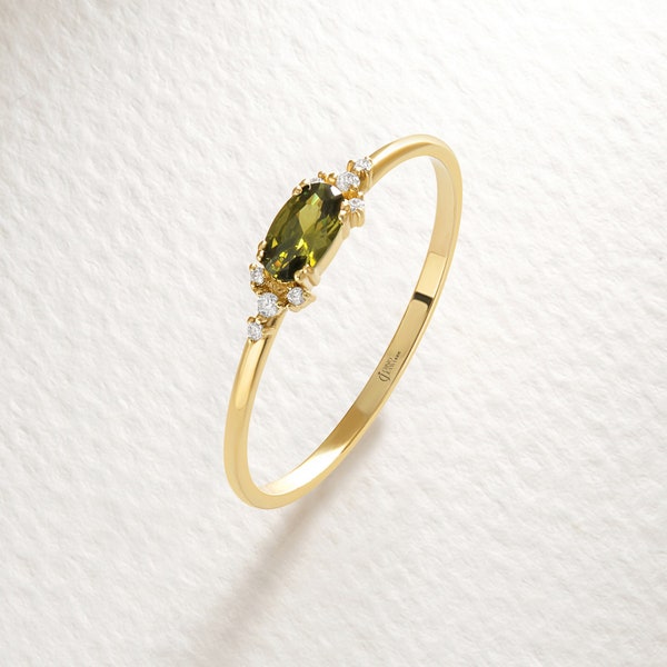 14K Gold Peridot Diamond Ring, Dainty Oval Birthstone Stacking Ring, Personal Custom Birthmonth Band Mom, Handcraft Gemstone Moissanite Ring