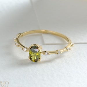 14K Gold Peridot Engagement Ring, Birthstone Diamond Wedding Band, Custom Gemstone Ring, Moissanite Promising Ring Bridal Shower for Bride