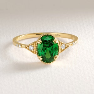 14K Gold Emerald Ring: Art Deco May Birthstone Side Diamond Ring