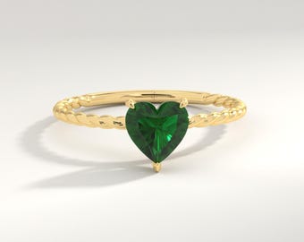 14K Solid Gold Heart Emerald Ring Twisted Braided Band, Birthstone Rings Twist Rope Bands