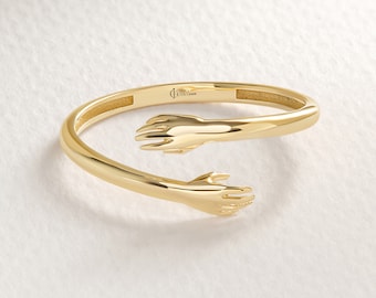 Hugging Lovingly Ring Gold, 10K 14K 14K Gold Hug Stacking Ring, Love Hands Open Cuff Stacked Band Girl, Dainty Adjustable Love Ring Gifted