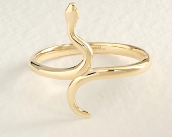 14K Solid Gold Snake Ring, Minimalist Serpent Stacking Rings for Women, Gothic Ouroboros Ring
